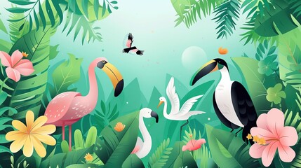 Tropikalne ptaki stojące na trawie. Wallpaper - obrazy, fototapety, plakaty