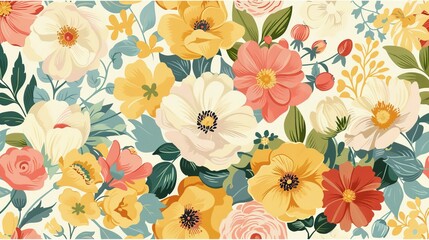 Got it: Spring Garden variety flowers in rainbow medallion hand-drawn vector seamless pattern, offering a vintage Romantic Bloom design. This floral print embodies the cottagecore aesthetic - obrazy, fototapety, plakaty