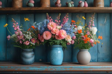 Fototapeta na wymiar Easter-themed floral arrangements displayed in rustic mason jars, adding a touch of charm to spring decor. Concept of Easter jar arrangements. Generative Ai.