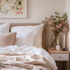 Simple home decor a neutral bedroom with white bedding and candles, in the style of botanical abundance, light brown and beige, Danish design, impressionistic color usage, pink and beige.