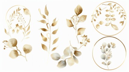 Luxurious botanical gold wedding frame elements on white background include circle shapes, glitters, eucalyptus leaves, and leaf branches. Suitable for weddings, cards, invitations, and greetings - obrazy, fototapety, plakaty