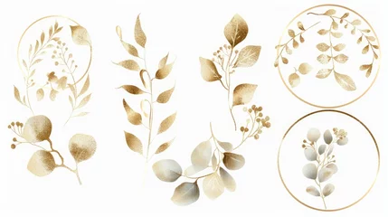 Fotobehang Luxurious botanical gold wedding frame elements on white background include circle shapes, glitters, eucalyptus leaves, and leaf branches. Suitable for weddings, cards, invitations, and greetings © Orxan