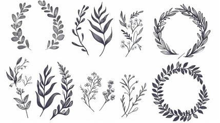 Minimalistic botanical wedding frame elements, including wreaths, flowers, and leaf branches in a hand-drawn pattern, set against a white background