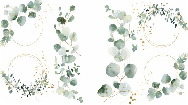 Luxurious Botanical Gold Wedding Frame Elements On White Background Include Circle Shapes, Glitters, Eucalyptus Leaves, And Leaf Branches. Suitable For Weddings, Cards, Invitations, And Greetings