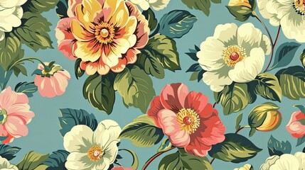 Retro floral background featuring a vibrant array of blossoms reminiscent of bygone eras. Nostalgic design adds a touch of vintage charm to any project or setting, evoking memories of days gone by - obrazy, fototapety, plakaty
