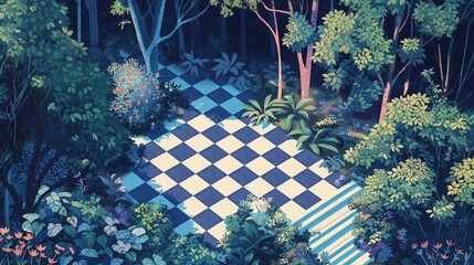 Malarstwo przedstawia szachownicę umieszczoną w środku lasu. Sceneria jest spokojna, zwraca uwagę na kontrast pomiędzy grą planszową a naturą. - obrazy, fototapety, plakaty