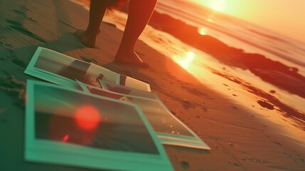 Obrazy na Plexi  Zbliżenie na zdjęcia stylu polaroid. z osoba stojąca na plaży nad oceanem, obserwująca falującą wodę.