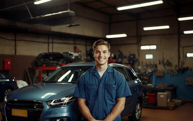 Young smiling auto mechanic in special clothes