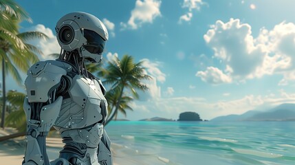 Biały nowy robot stoi na plaży obok oceanu, patrząc w dal. Słońce świeci w dzień