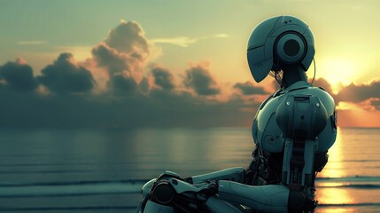 Robot siedzi na plaży i patrzy na zachód słońca, wyrażając mindfulness. Widok jest pełen spokoju i piękna.