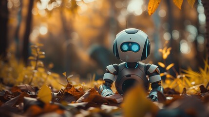 Robot przechodzi przez pokryty liśćmi las