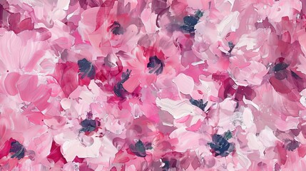 Seamless pattern of abstract painting pink flowers, original hand-drawn in impressionism style, showcasing color texture and brush strokes of paint, serving as an art background