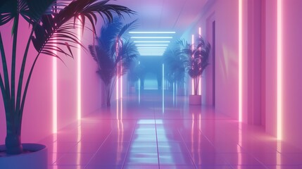 Długi korytarz z palmami i neonowymi światłami - obrazy, fototapety, plakaty