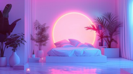 Łóżko obok roślin doniczkowych w sypialni w jasnych neonowych kolorach. Miękki, rozproszony światło tworzy atmosferę spokoju i ukojenia. Backdrop