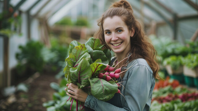 A young woman holds freshly picked pink radish in a greenhouse
