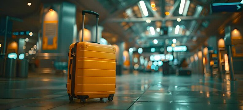 Yellow suitcase on the floor in the airport terminal. 3d rendering. business travel with suitcase and airport background. Travel and vacation concept, Suitcases in the airport.