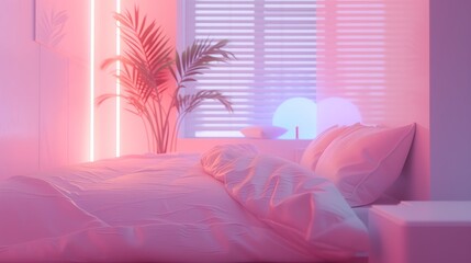 W sypialni widać różowe światło wpadające przez okno, rozpraszające się delikatnie po pomieszczeniu. - obrazy, fototapety, plakaty