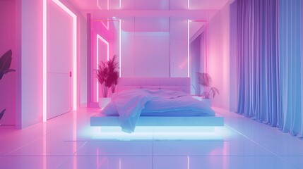 W pomieszczeniu znajduje się łóżko z różowym oświetleniem, które tworzy przyjemny nastrój. Oraz neonowym niebieskim pod łożkiem