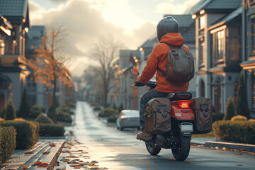 A postal worker on a scooter delivering mail to homes in a suburban neighborhood. Concept of neighborhood parcel service. Generative Ai.