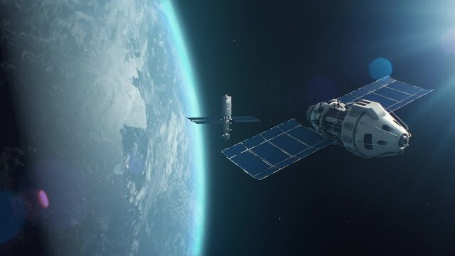 3D VFX rendering of satellite attacking another satellite with laser weapon in space on Earth planet orbit. Escalation of political conflict and arms race in cosmos. Nuclear war and armed aggression.