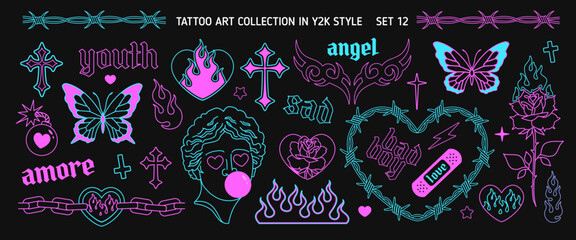 Y2k Glam Tattoo Art set in 2000s style. Y2k Emo Goth heart, butterfly, chain, flame silhouette. Opium style fashion. Barbed wire frame. Goth Tattoo line art stickers. Printable vector designs - obrazy, fototapety, plakaty