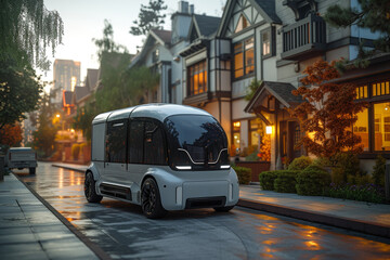 Fototapeta premium A futuristic autonomous delivery vehicle navigating through a suburban neighborhood. Concept of autonomous transport. Generative Ai.