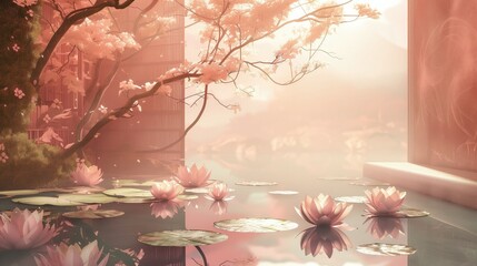 Na obrazie przedstawione są rozkwitające lilie wodne na tle domowego stawu, ukazujące spokojną scenę przyrody. - obrazy, fototapety, plakaty