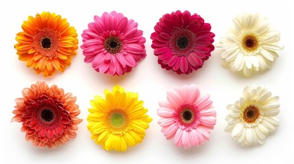 Set of colorful Gerbera roses flowers collection isolated on white background. Featuring red, pink, yellow, white, and orange colors. Studio shot