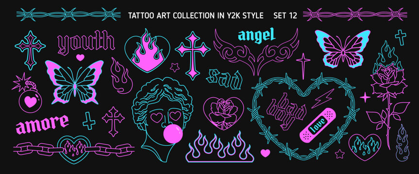 Y2k Glam Tattoo Art set in 2000s style. Y2k Emo Goth heart, butterfly, chain, flame silhouette. Opium style fashion. Barbed wire frame. Goth Tattoo line art stickers. Printable vector designs