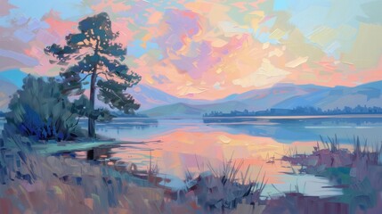 Obraz przedstawia zachód słońca nad jeziorem, gdzie pastelowe odcienie tworzą spokojną atmosferę. Woda odbija promienie słoneczne, nadając obrazowi życie.