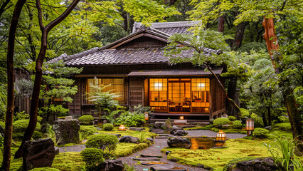 A traditional Japanese house with its lights on, surrounded by a serene green garden with a pond and stone lanterns.
