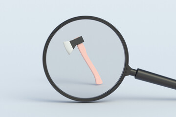 Axe behind magnifying glass. 3d render