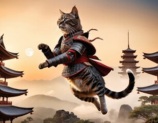 A Ninja Cat Warrior in full samurai armor mid-leap, set against an enchanting evening sky and traditional pagodas. Generative AI.
