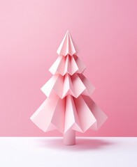 Christmas composition. Pink Christmas tree on pink background. Happy holidays. New year minimalistic concept.