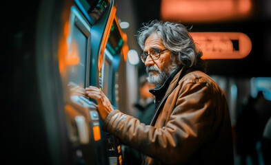Fototapeta na wymiar A senior man with a gray beard is using an ATM machine to manage his finances in the city at night.