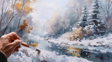 Fototapeta premium Osoba maluje pędzlem zimowy pejzaż przy użyciu farb akwarelowych. Scena przedstawia śnieżne widoki i uważnie dobierane detale.