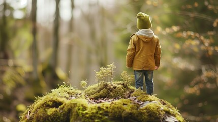 Dziecko stoi na kamiennej skale w lesie porośniętej mchem. Obserwuje otaczającą przyrodę, praktykując uważność. - obrazy, fototapety, plakaty