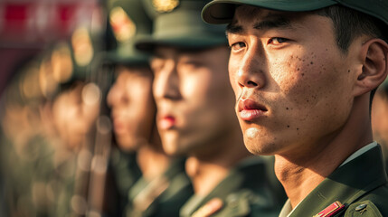 Chinese soldiers march in formation before going to war displaying discipline and determination. Close-up of Chinese soldiers in a patriotic and commitment parade. - obrazy, fototapety, plakaty