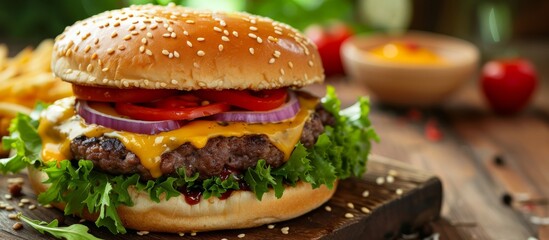 Juicy cheeseburger with fresh lettuce in delicious sesame seed bun for mouthwatering lunch