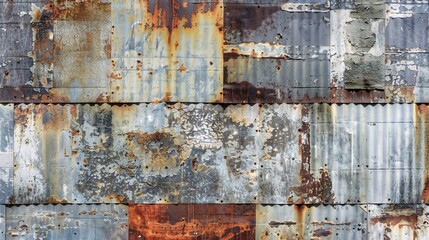 Weathered Zinc Sheets Arranged in Layers, Featuring Rust and Age Signs