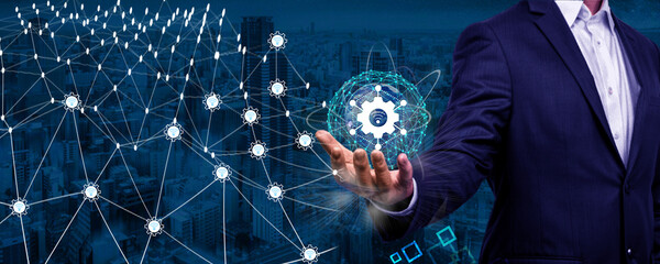 Businessman holding global networking Entrepreneur Empowering Global Connectivity, Access Management Integration and Solutions