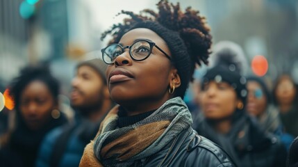Black woman with afro wearing bright clothes on the city street for black history month or woman's day celebration. Generative ai