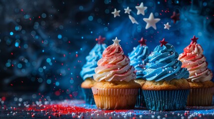 Festive holiday patriotic American themed cupcakes for independence day. 4th of july, Veterans Day, Memorial Day background. Generative ai - Powered by Adobe