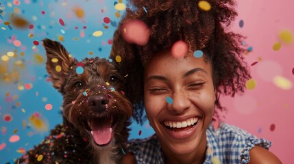Young woman and her dog in a moment of joyful birthday celebration. Concept of love between woman...