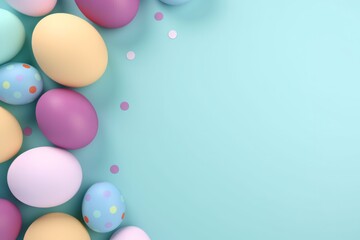 Colorful Eggs and Confetti on a Soft Mint Background with Copy Space. Easter Concept. Flat Lay