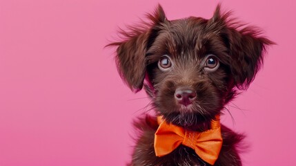An adorable brown puppy dog with floppy ears and soulful eyes, wearing a stylish orange bow tie necklace, posing against a cheerful pink background