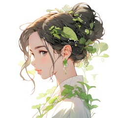 Cartoon anime style avatar side-view portrait of a young woman with long dark hair decorated with leaves