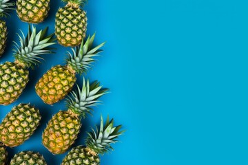 Summer Vibes: Scattered Pineapples on a Bright Blue Background with Space for Text. Flat Lay