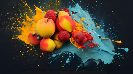 colorful graphics and fruit splash, blue background, mango, raspberry, orange. Art