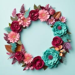 Fototapeta na wymiar Handcrafted Floral Wreath with Colorful Paper Flowers. Flat lay